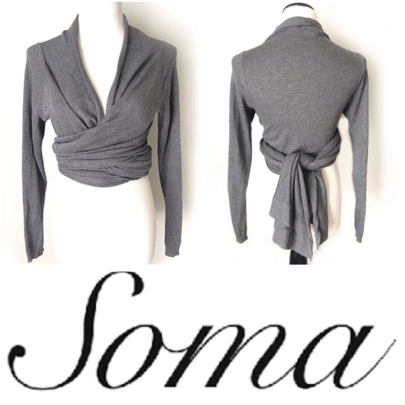 Soma Sweaters - SOMA Cascading Front Wrap Gray Cardigan Sweater